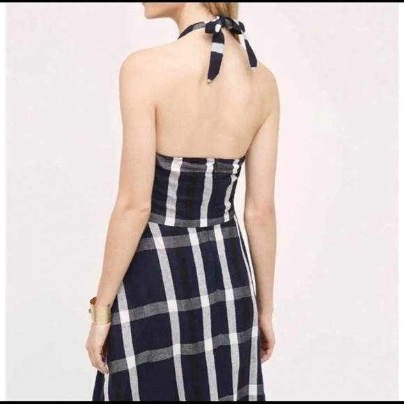 Eva Franco Anthropologie Anya Navy Plaid Linen Blend Halter Dress Size 2 - Picture 2 of 11